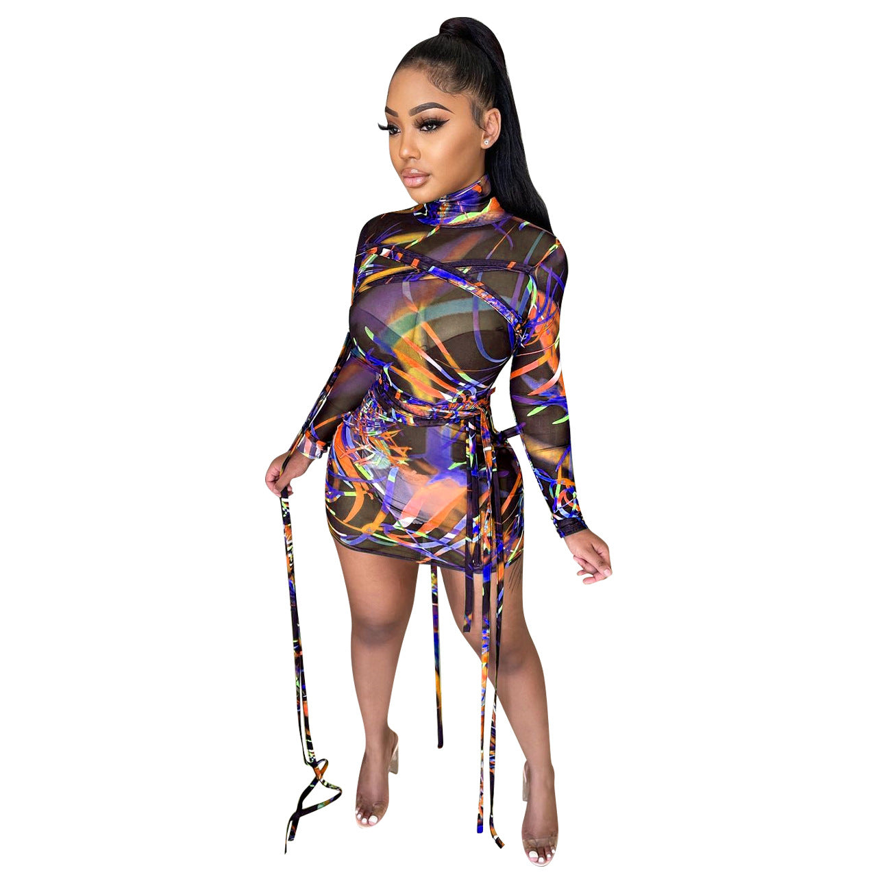 Ladies' Mesh Tie Printed Dress