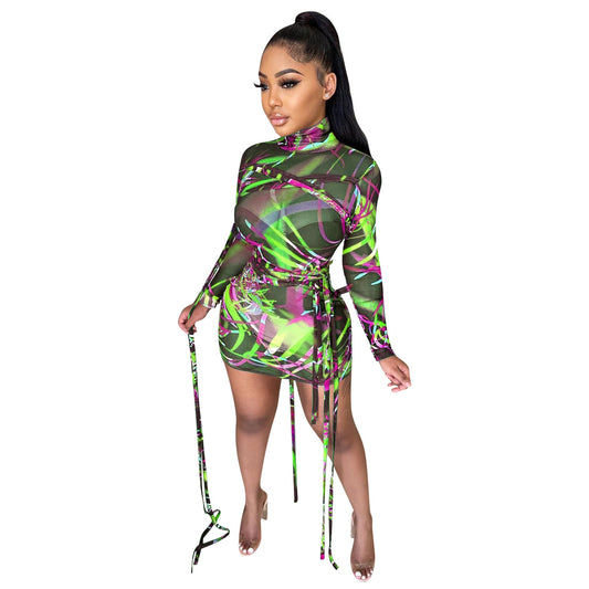 Ladies' Mesh Tie Printed Dress