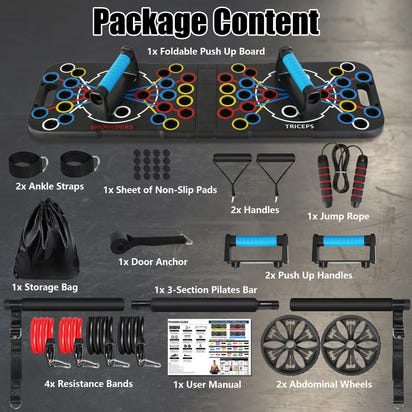 Multifunctional Push Up Board Home Strength Training Equipment With 15 Fitness Accessories Pilates Bar Resistance Band Roller Wheel Full Body Workout Home Gym Equipment