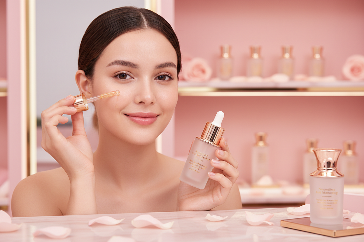 generate image of this product name with a lady using it and smiling; Nourishing, Hydrating And Moisturizing Facial Skin Brightening And Moisturizing Skin Care Essence in pink petal cosmetic shop background color.